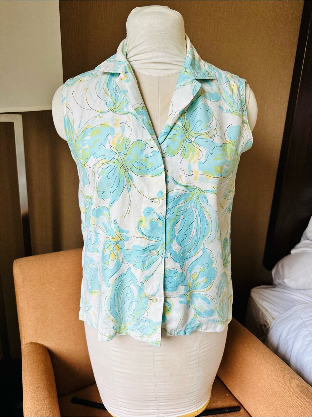 Vintage 50s 60s Pin Up Sleeveless Butterfly Button-Front Blouse Blue White M